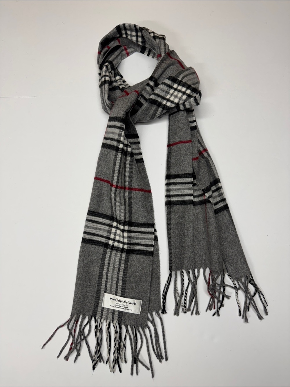 Preston & York Gray Plaid Scarf with Red Accents